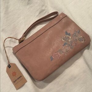 Ruff Hewn Tan Pink Floral Embroidered Wristlet